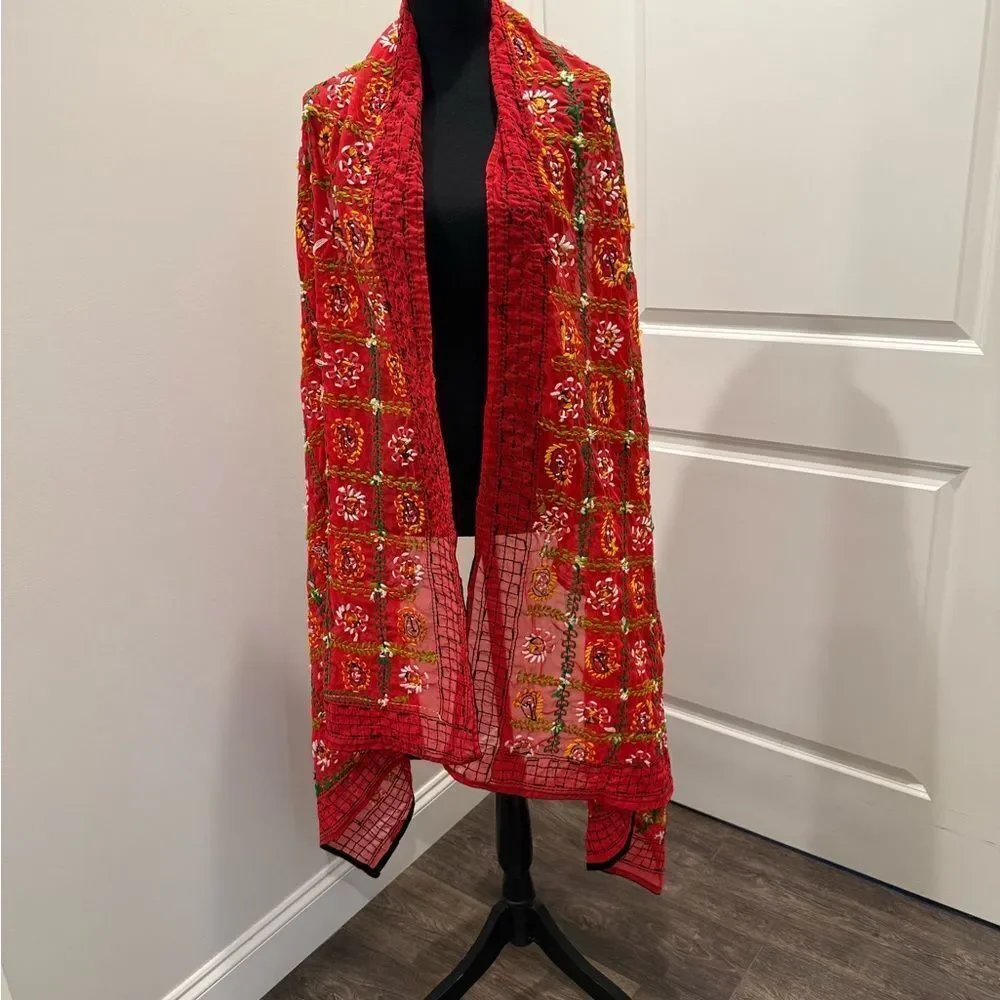 Tolani 86” x 34 “long red with hand embroidery flowers, vintage scarf